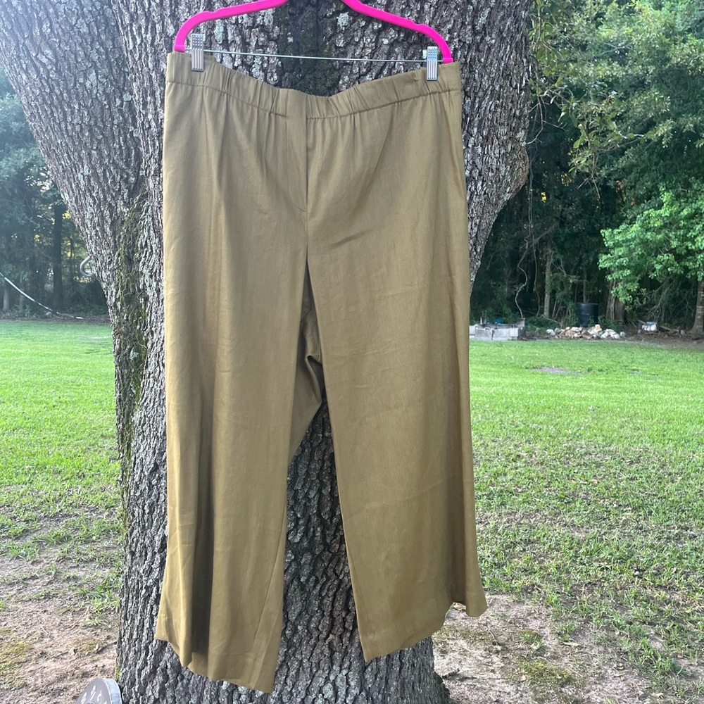 J. JILL LINEN BLEND 4X PLUS OLIVE OIL LOOSE FIT WIDE LEG PANTS